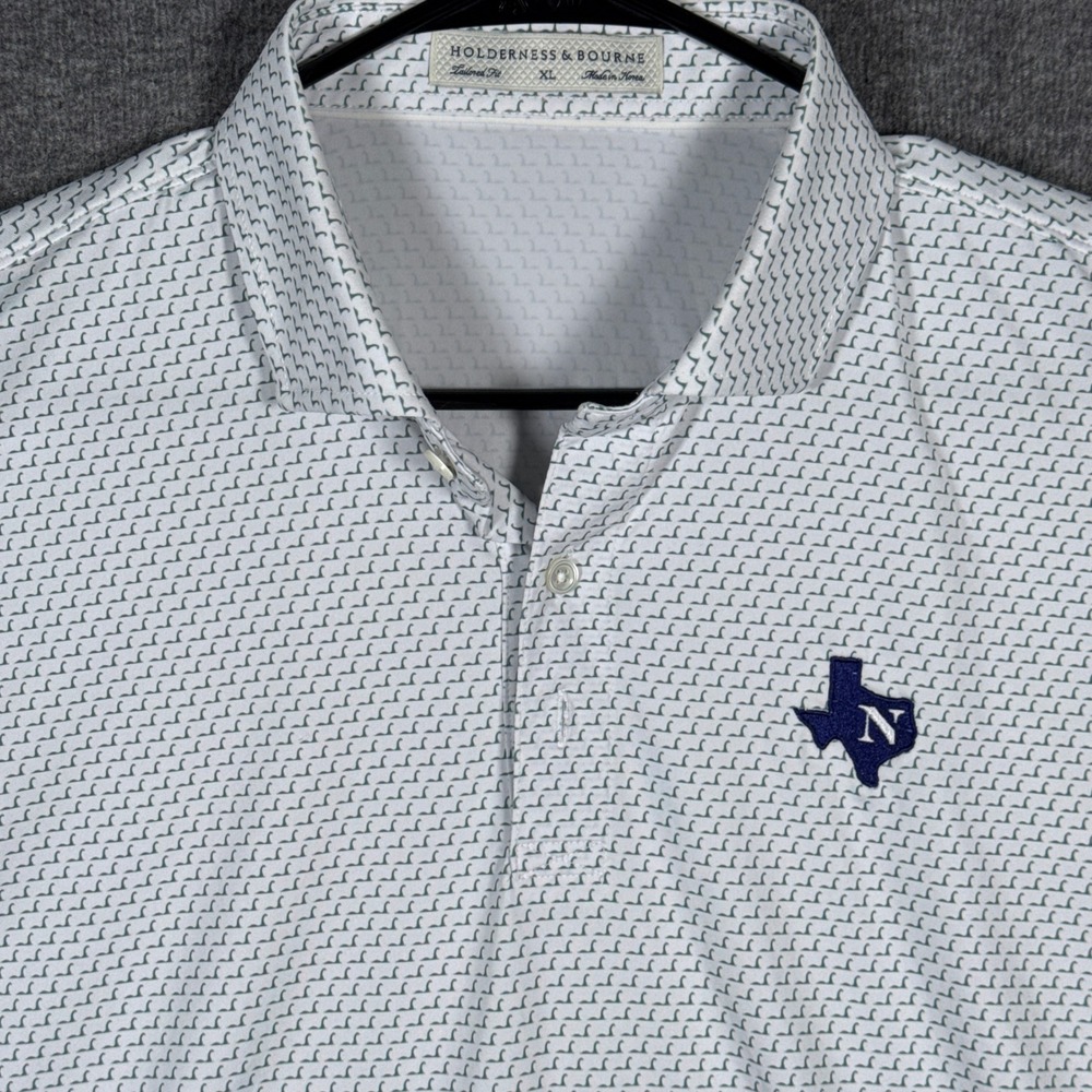 Holderness & Bourne Polo Shirt‎ Mens XL Tailored Fit White Sage Nessie AOP Texas